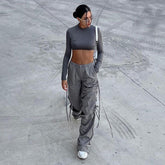 Street Drawstring Ripped Overalls Trend Casual Loose Fitting Wide Leg Trousers
